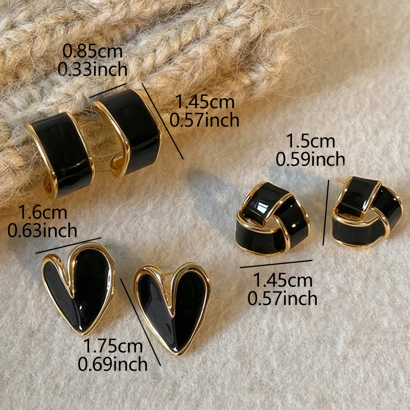 3 Pairs French Retro Geometric Heart Stud Earrings Set